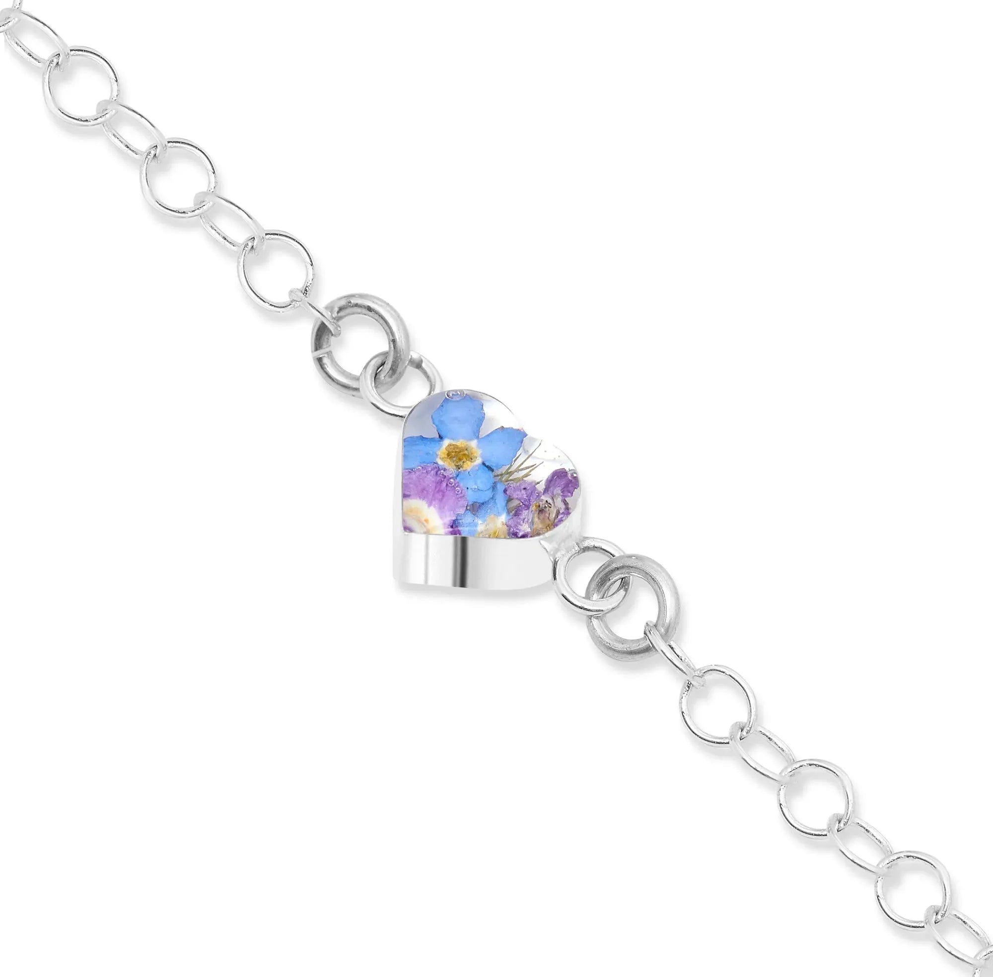 Purple Haze Heart ronde schakelketting armband met echte bloemen in sterling zilver | Krijsende Violet®