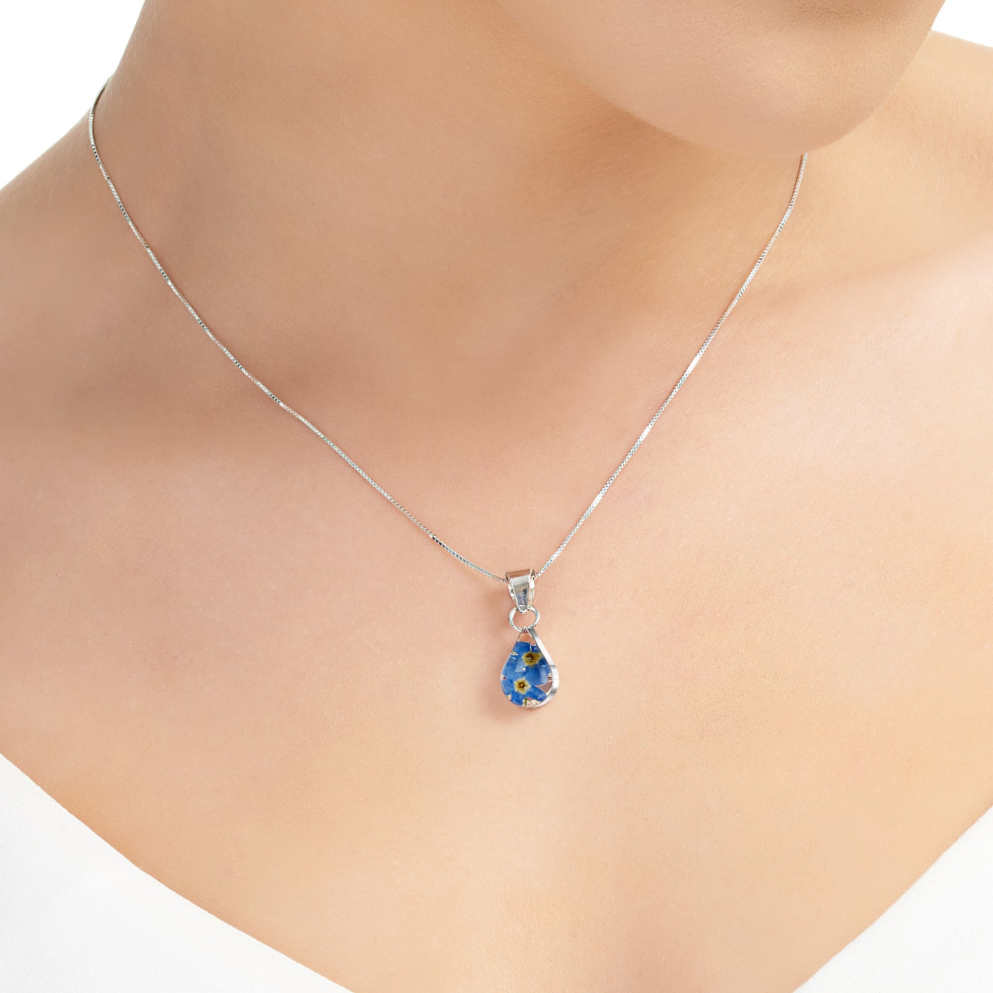Vergeet-Mij-Niet Druppel Hanger Ketting in Zilver Sterling