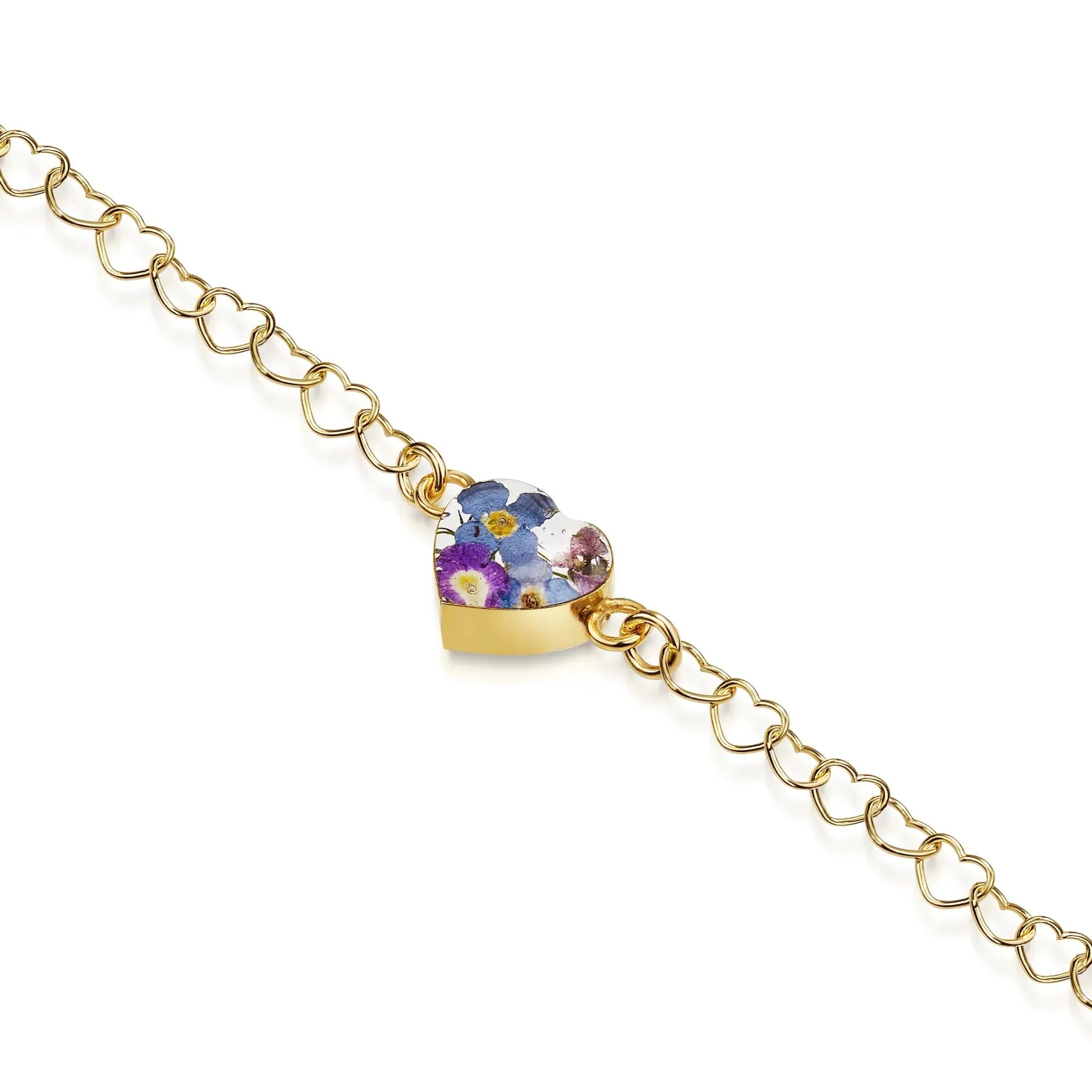 Vergoldetes Armband mit herzförmiger Gliederkette und Blumenanhänger - Purple Haze - Heart