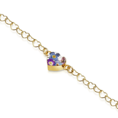 Vergoldetes Armband mit herzförmiger Gliederkette und Blumenanhänger - Purple Haze - Heart