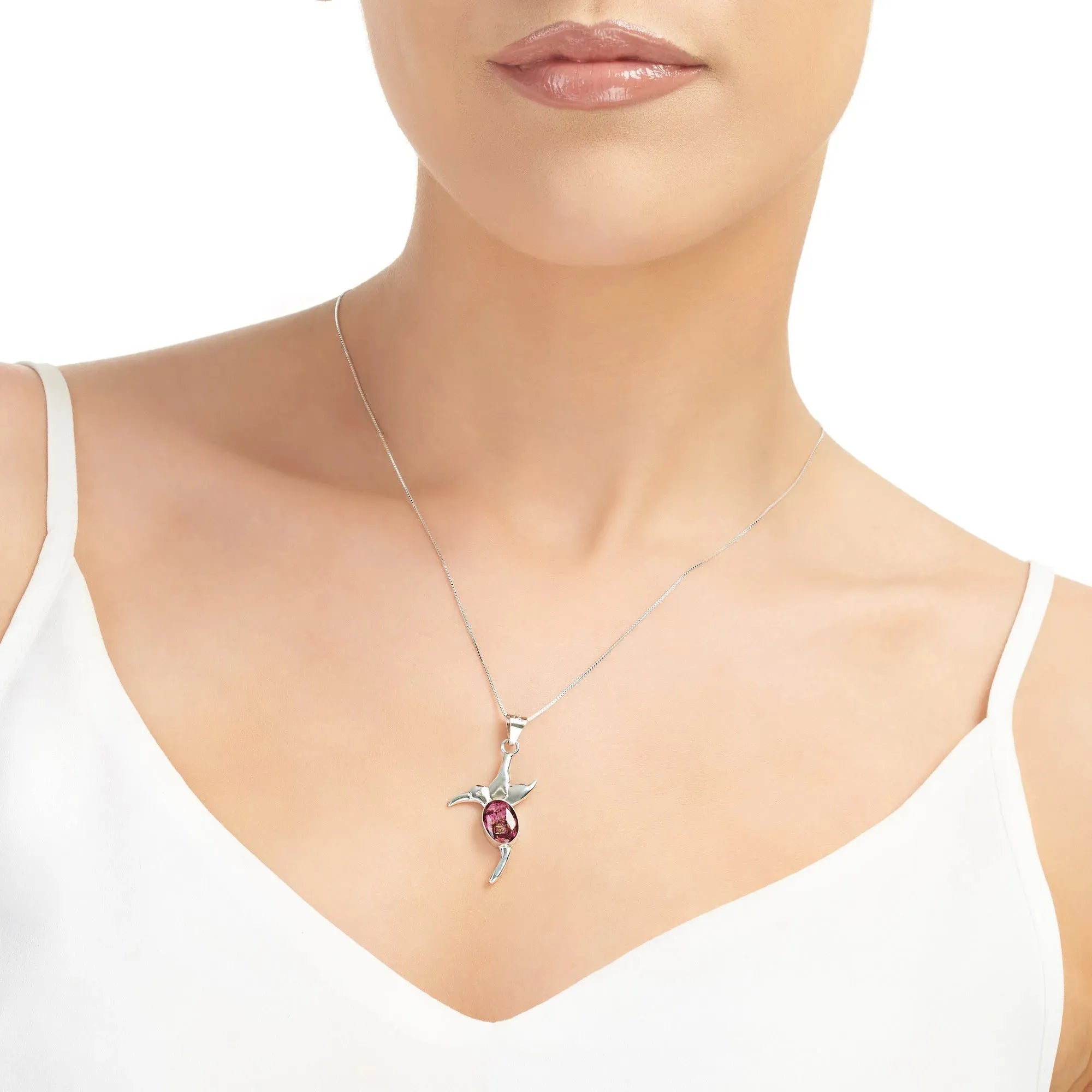 Collana con colibrì in argento sterling con veri fiori di erica