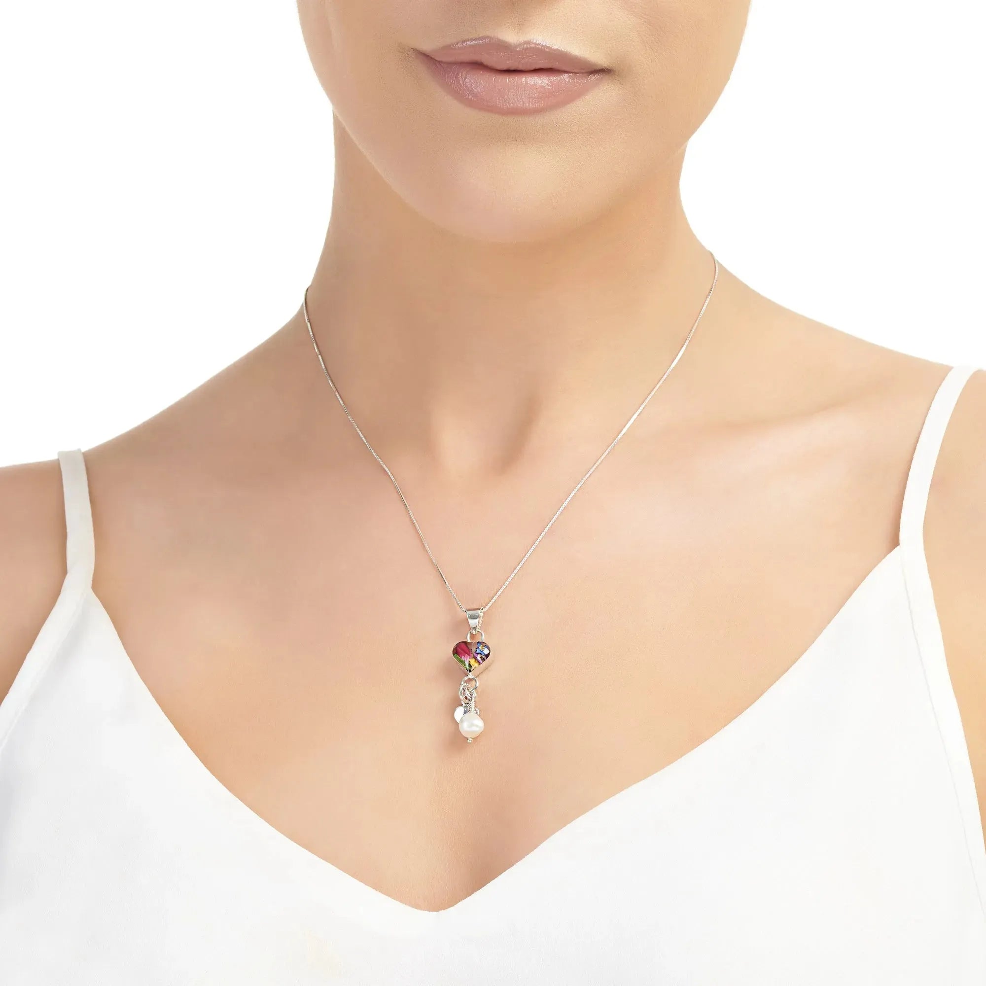 Sterling Silber Herz Charm Anhänger mit echten Blumen und einem Zuchtperlen-Charme