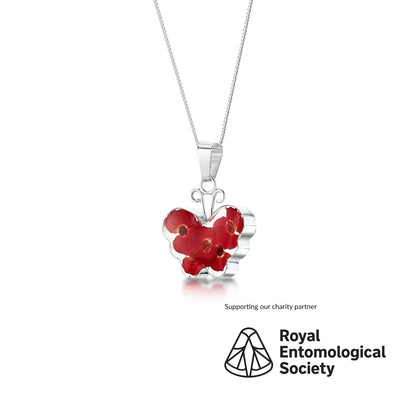 Collier papillon coquelicot par Shrieking Violet® pendentif en argent sterling fait main avec de véritables fleurs d'Euphorbia milii. Bijou cadeau pour les amateurs de papillons