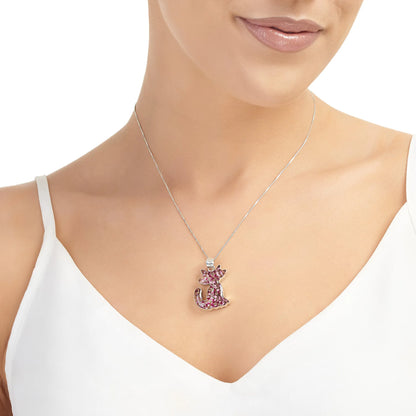 Halsketting met kattenhanger en echte roze bloemen – sterling zilver