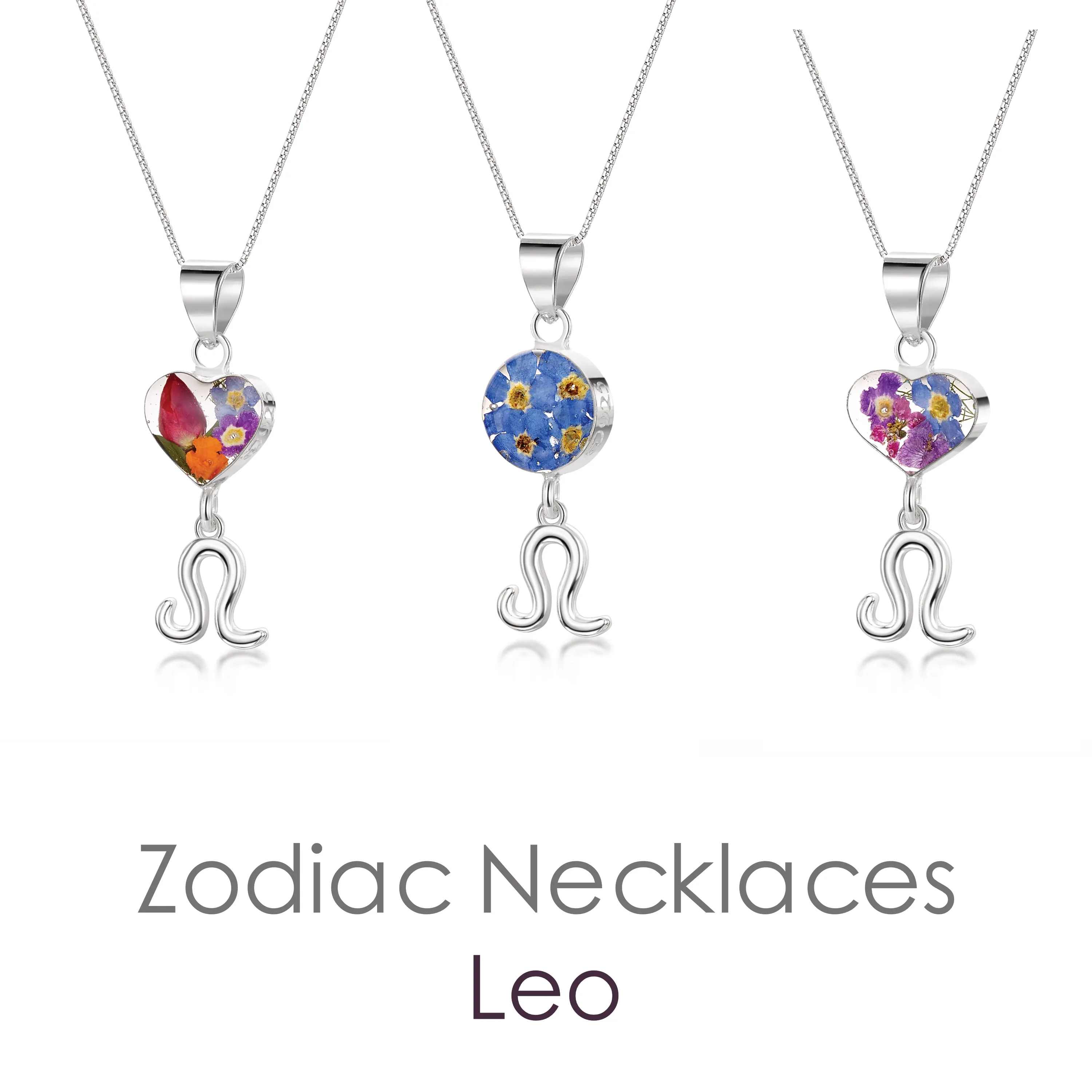 Löwe-Halskette – Anhänger aus Sterlingsilber mit echten Blumen und einem Sternzeichen-Anhänger. Mehr Optionen...