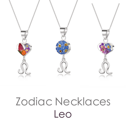 Löwe-Halskette – Anhänger aus Sterlingsilber mit echten Blumen und einem Sternzeichen-Anhänger. Mehr Optionen...