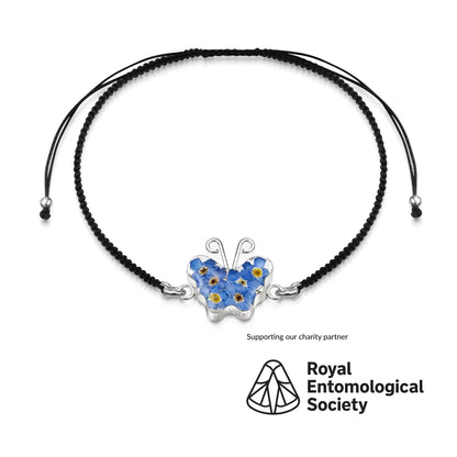Bracciale intrecciato nero in argento sterling con ciondolo a fiore - Non ti scordar di me - Farfalla