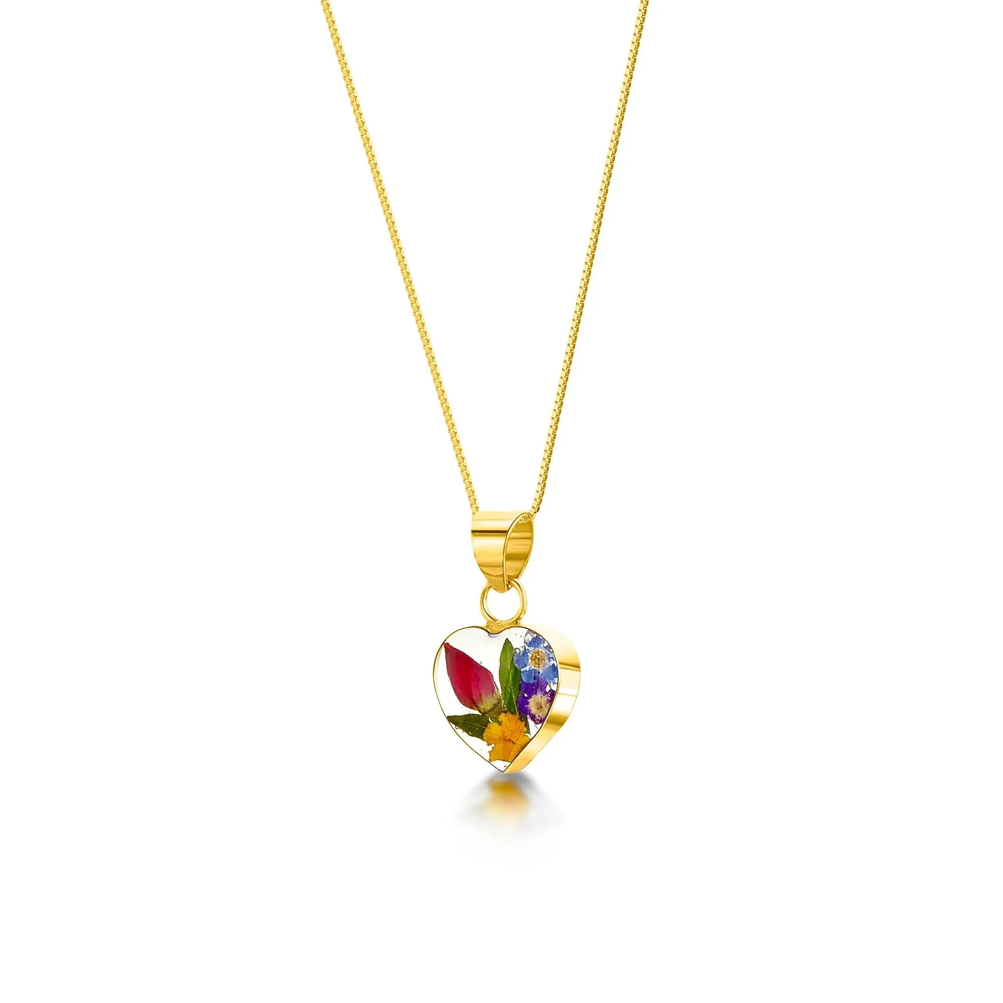 Halskette mit kleinem Herzanhänger aus Sterlingsilber mit echten gemischten Blumen