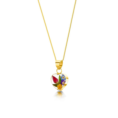 Halskette mit kleinem Herzanhänger aus Sterlingsilber mit echten gemischten Blumen