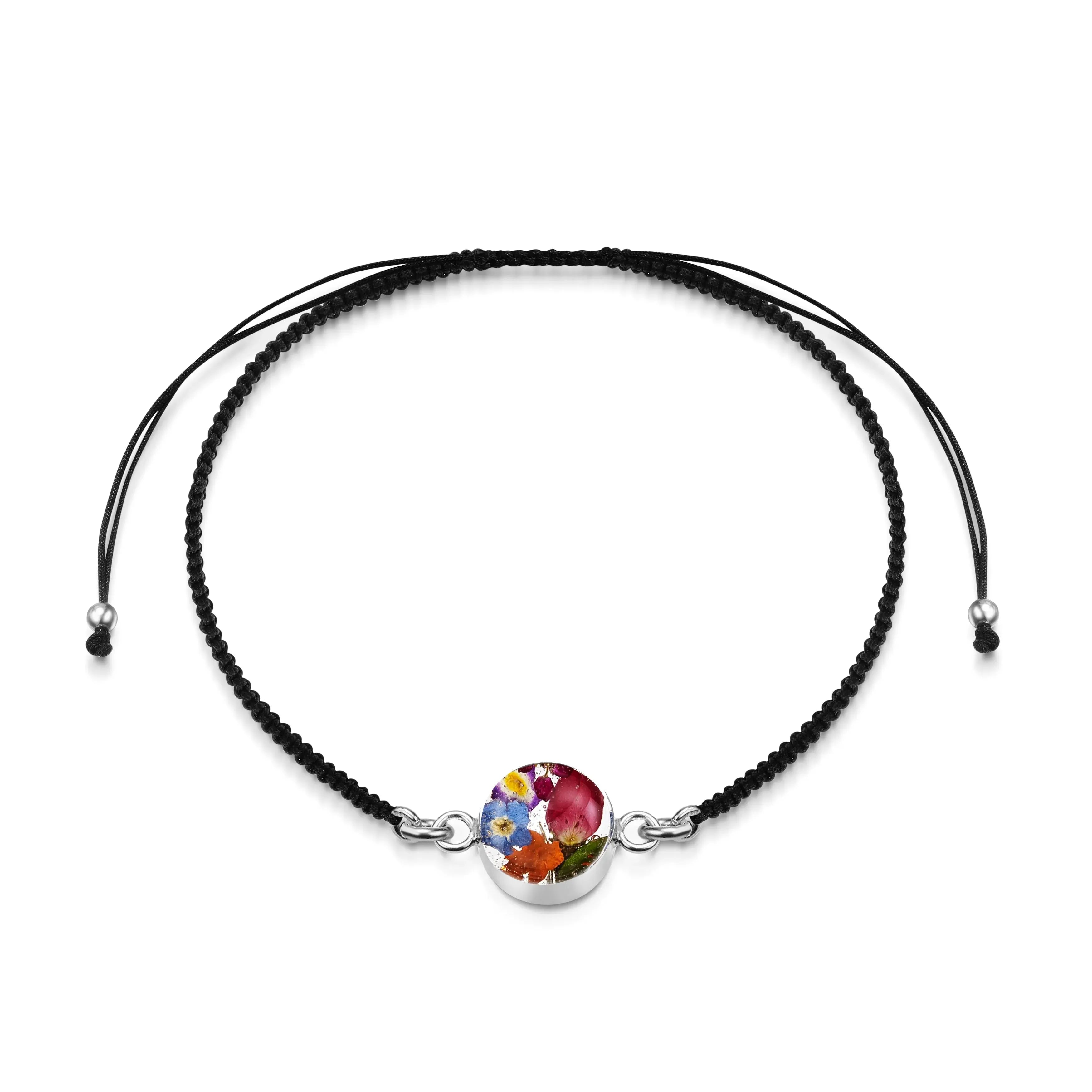 Schwarzes gewebtes Armband aus Sterlingsilber mit Blumenanhänger - gemischte Blume - rund