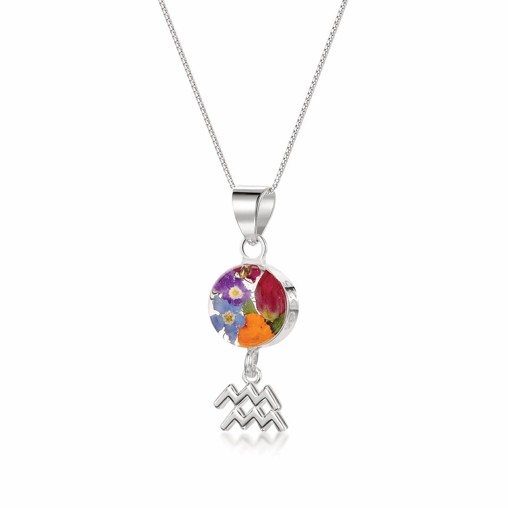 Aquarius Necklace - Sterling silver pendant with real flowers & a zodiac charm. More Options...