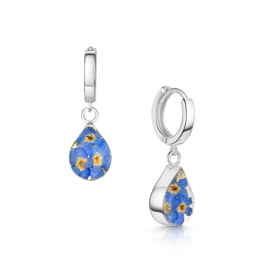 Huggies - Sterling silver huggie-style earrings with a hanging handmade real flower charm